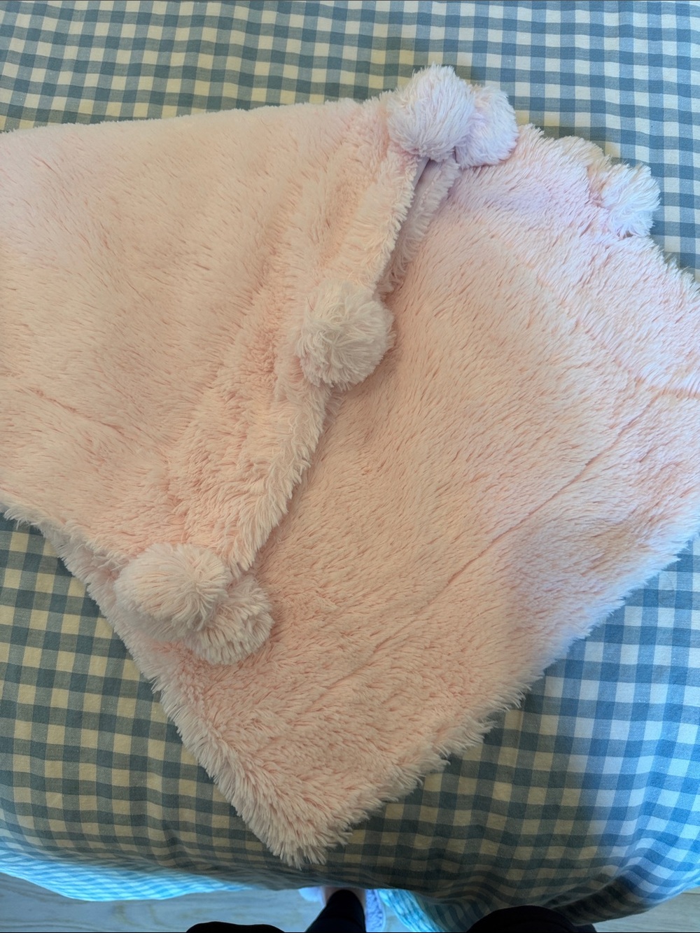 Toddler pink mud pie blanket with Pom poms, faux fur and minky on other side